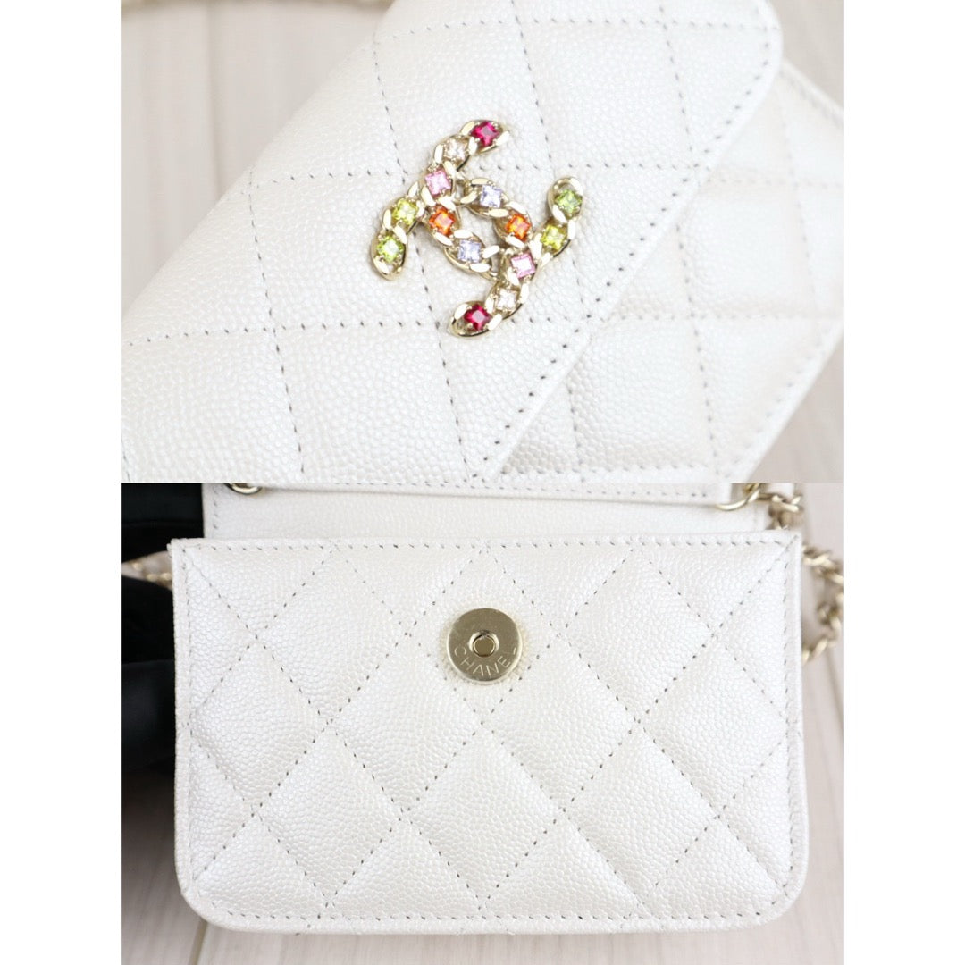 Very Good ( Rank A)｜ CHANEL Matelasse Chain Calf Leather Colour Rhinestone Mini WOC White  IC Chips Model ｜W25062903