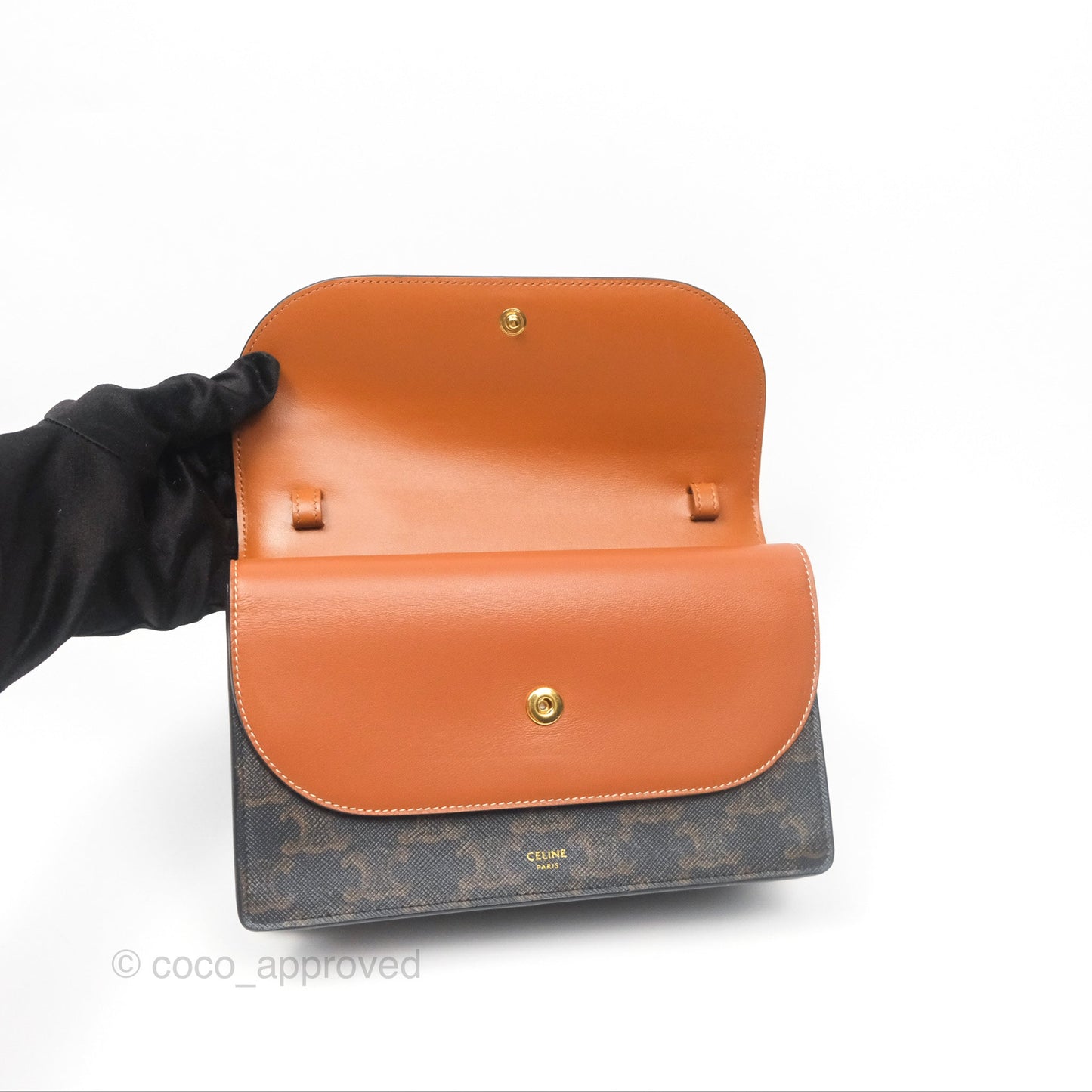 Celine Wallet On Strap Triomphe Canvas Tan Lambskin