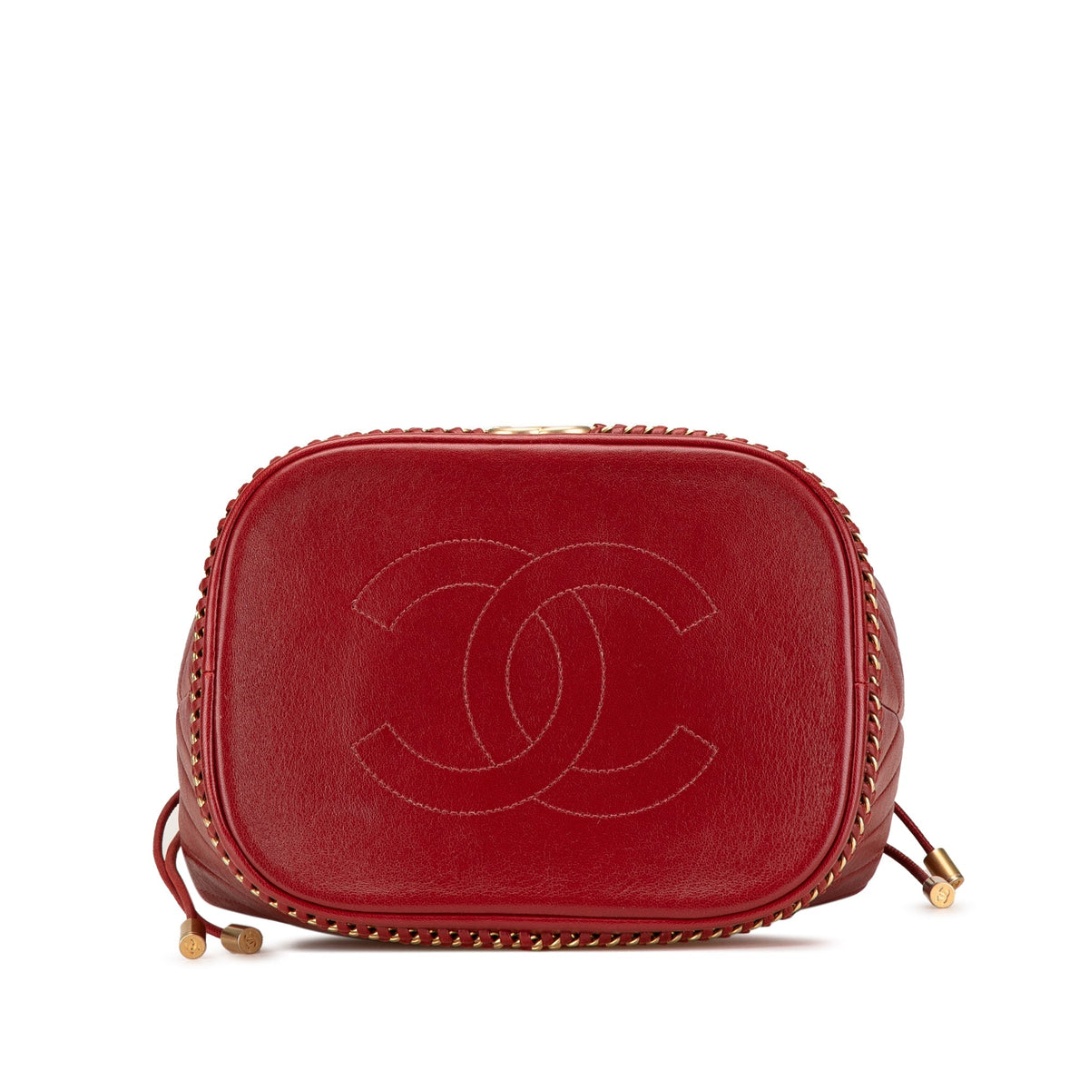Red Chanel Paris Cosmopolite Medium Chevron Lambskin Bucket Bag