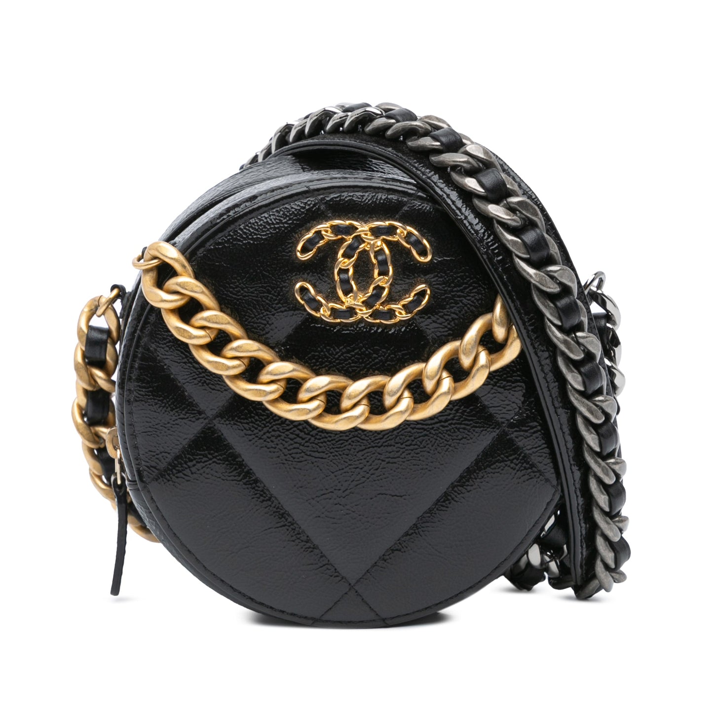 Black Chanel Shiny Crumpled Calfskin 19 Round Clutch with Chain Crossbody Bag