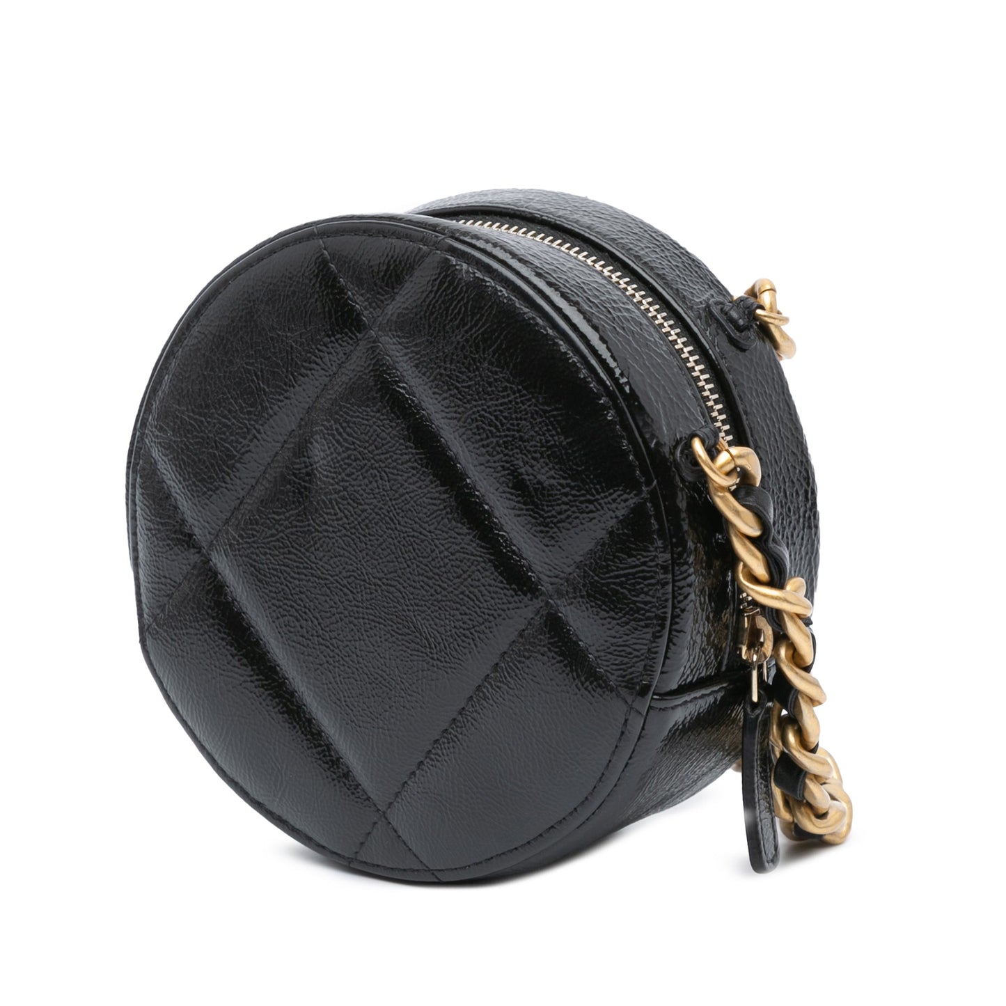 Black Chanel Shiny Crumpled Calfskin 19 Round Clutch with Chain Crossbody Bag