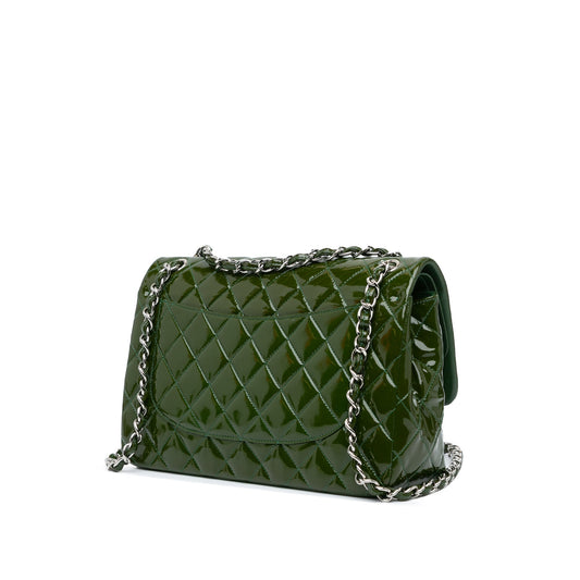 Green Chanel Jumbo Classic Patent Double Flap Shoulder Bag
