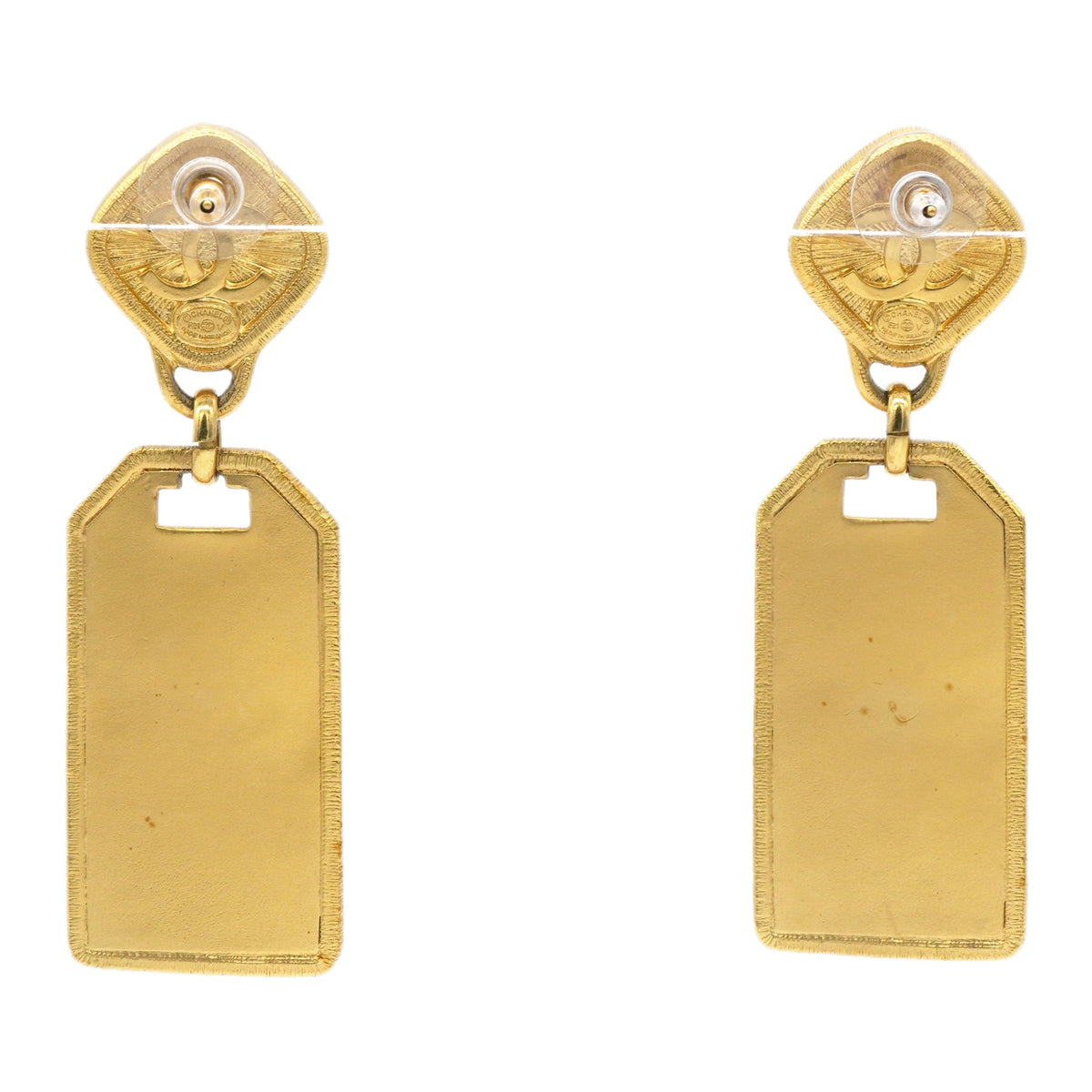 Chanel Pink Stone Badget CC Tags Drop Earrings Gold