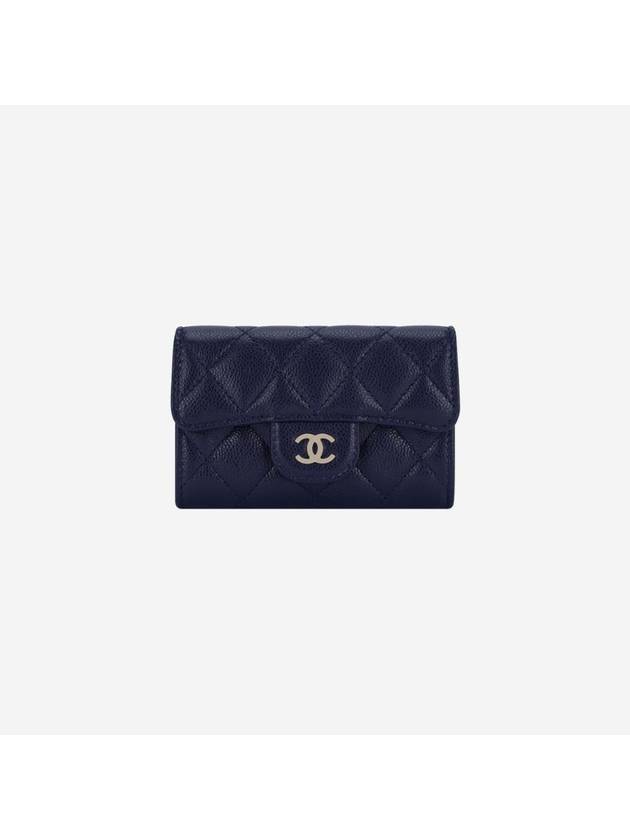 Classic Gold Logo Grained Shiny Calfskin Card Wallet Navy Chanel