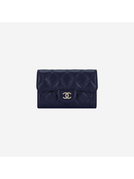 Classic Gold Logo Grained Shiny Calfskin Card Wallet Navy Chanel