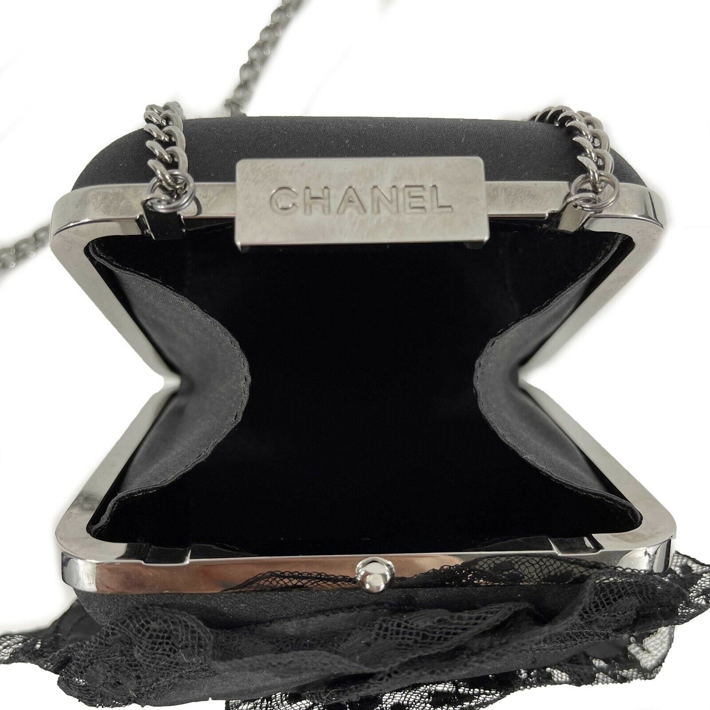 CHANEL- Small Camellia Box Frame Crossbody - Satin / Lace / Gun-metal Tone