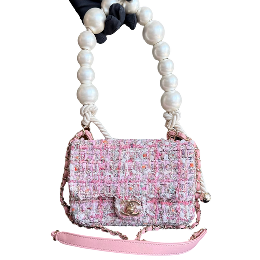 Chanel Classic Flap Mini Square Pearl Tweed - 20CM Pink Gold Hardware Series 27