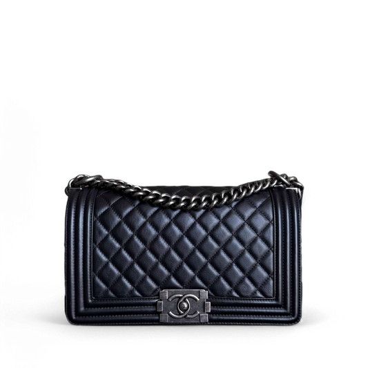 Chanel Boy Medium - Grained Calfskin 25CM Quilted Black Ruthenium Silver Hardware Series 24