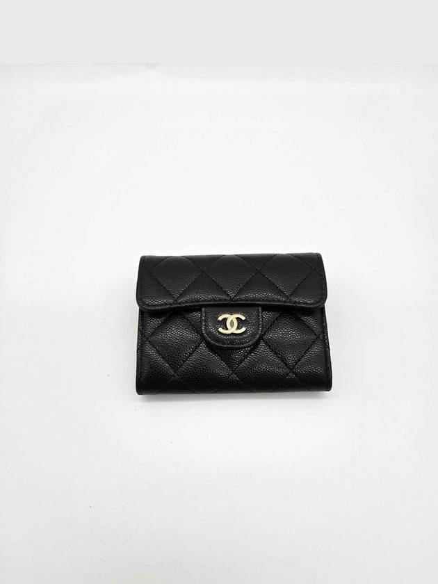 Classic Grained Calfskin Card Wallet Gold Black Chanel