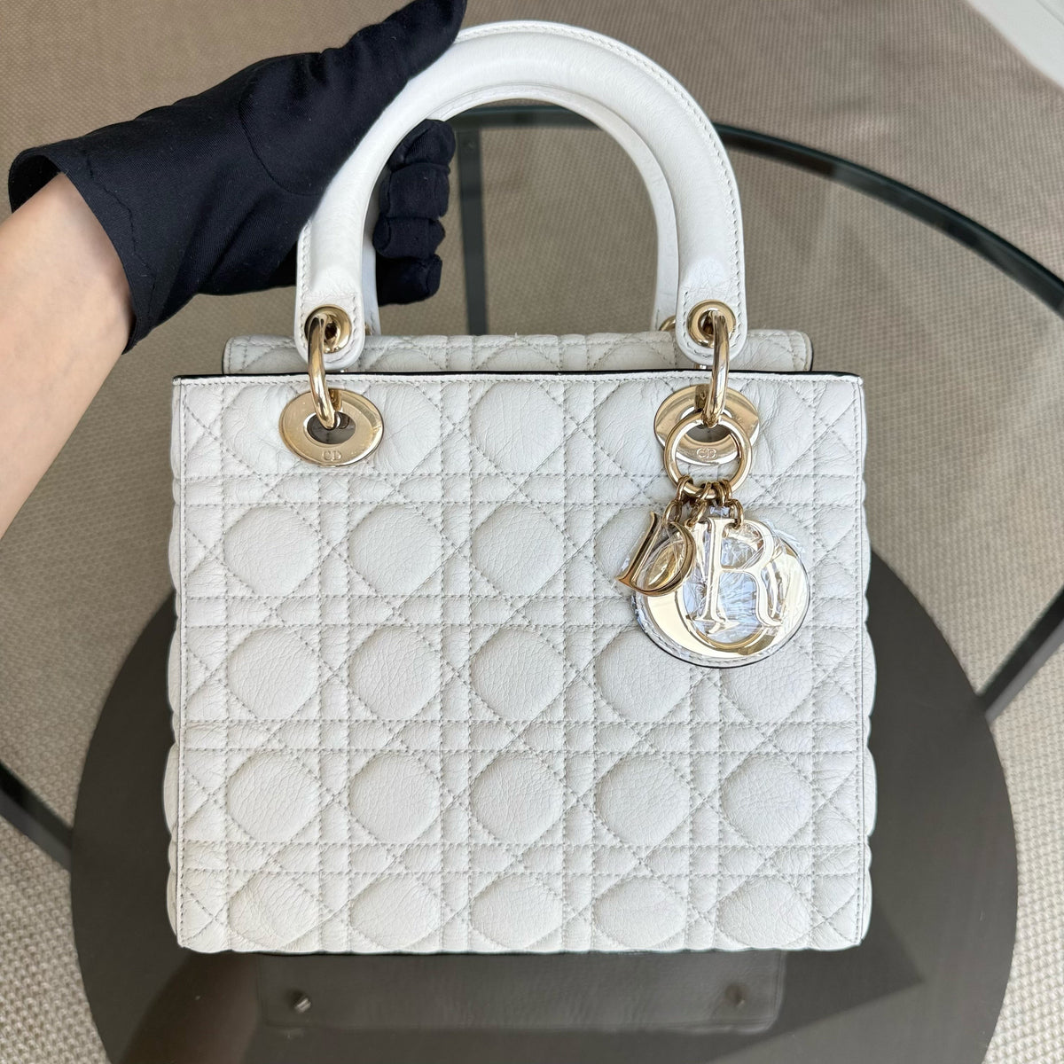 Dior Lady Medium Flap - Calfskin Cannage White Gold Hardware