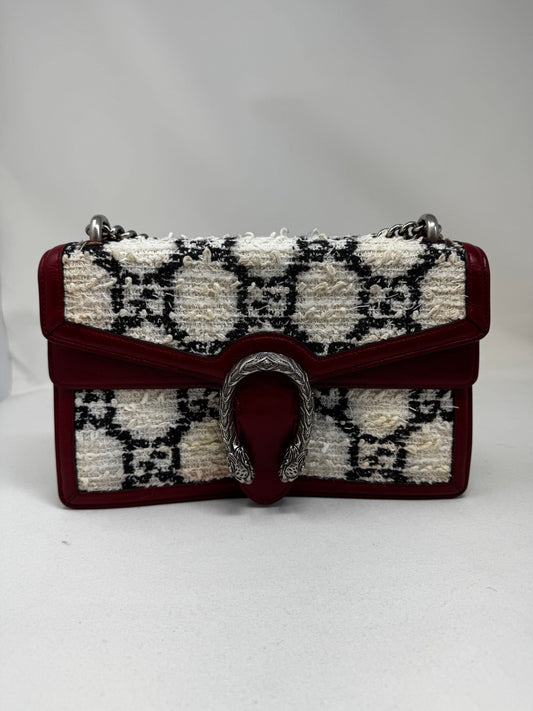 GUCCI Tweed GG Monogram Small Dionysus Shoulder Bag White Black Romantic Cherry B-