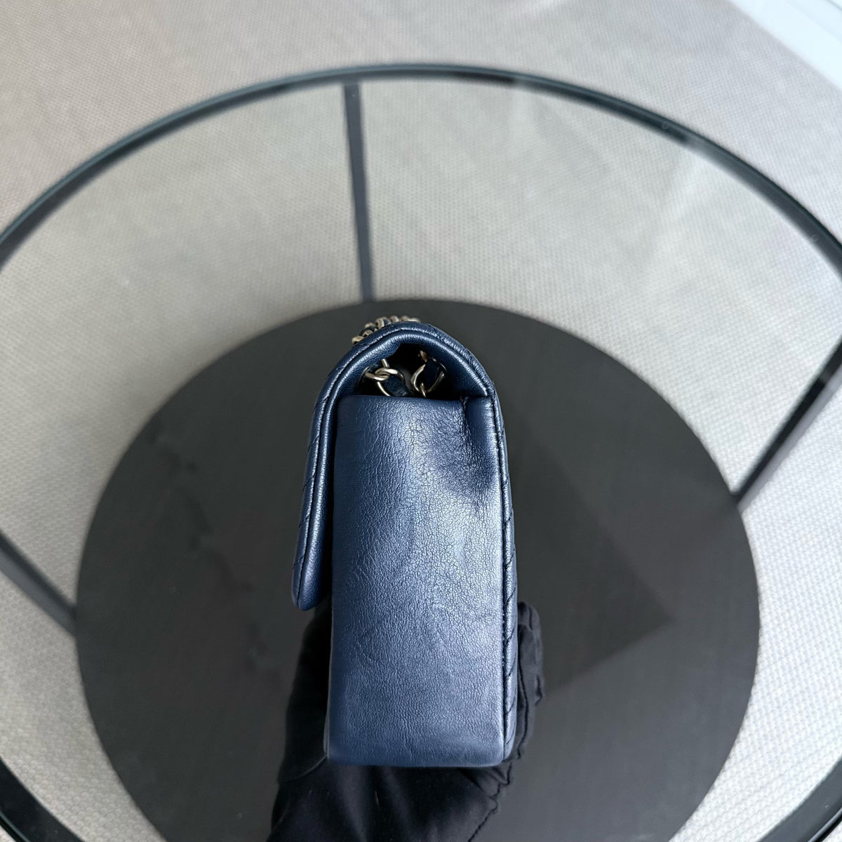 Chanel Seasonal Flap Medium - 25CM Surpique CC Herringbone Medallion Flap Chevron Dark Navy Blue Gold Hardware Series 22