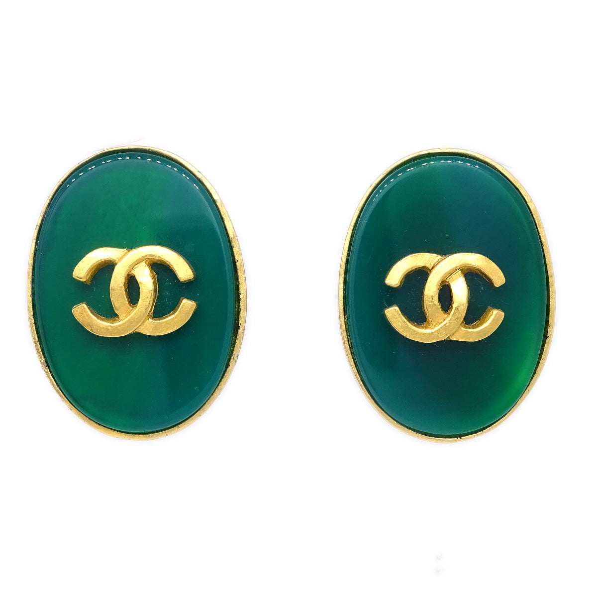 Chanel Stone Oval Earrings Clip-On Green 95A