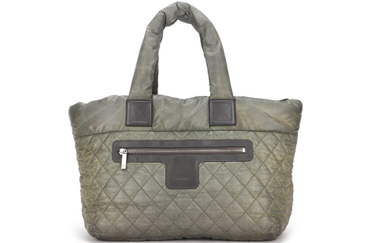CHANEL COCO COCOON REVERSIBLE TOTE BAG (1358xxxx) ARMY GREEN & GREY NYLON SILVER HARDWARE, NO  & DUST COVER