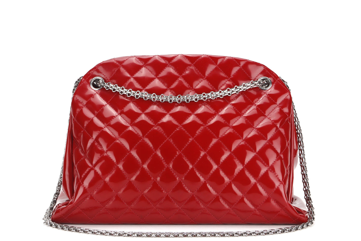 CHANEL MADEMOISELLE (1418xxxx) W 33CM, RED PATENT LEATHER SILVER HARDWARE, WITH  & DUST COVER