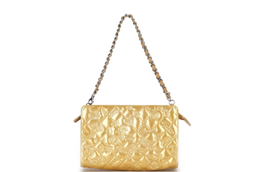 CHANEL EMBOSSED GOLD PATENT LUCKY SYMBOLS BAG (1335xxxx) SILVER HARDWARE, NO , DUST COVER & BOX