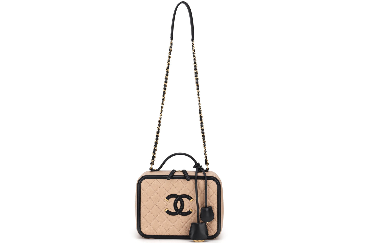 CHANEL FILIGREE VANITY CASE (2805xxxx) LARGE BEIGE & BLACK CAVIAR LEATHER, WITH , LOCK, KEY & DUST COVER