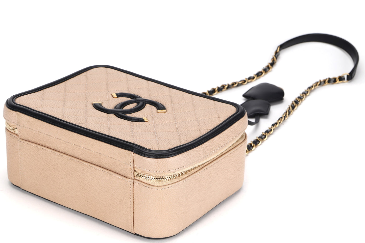 CHANEL FILIGREE VANITY CASE (2805xxxx) LARGE BEIGE & BLACK CAVIAR LEATHER, WITH , LOCK, KEY & DUST COVER