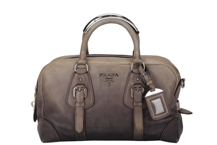 PRADA BANDOLIERA BROWN TAUPE LEATHER SILVER HARDWARE WITH STRAPS AND DUST COVER