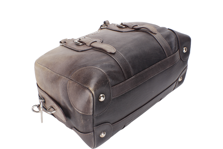 PRADA BANDOLIERA BROWN TAUPE LEATHER SILVER HARDWARE WITH STRAPS AND DUST COVER