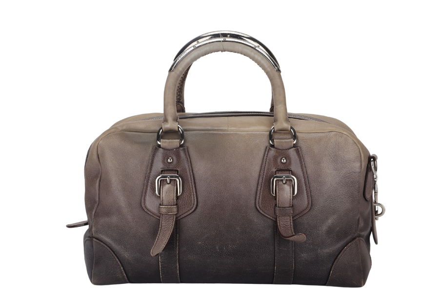 PRADA BANDOLIERA BROWN TAUPE LEATHER SILVER HARDWARE WITH STRAPS AND DUST COVER