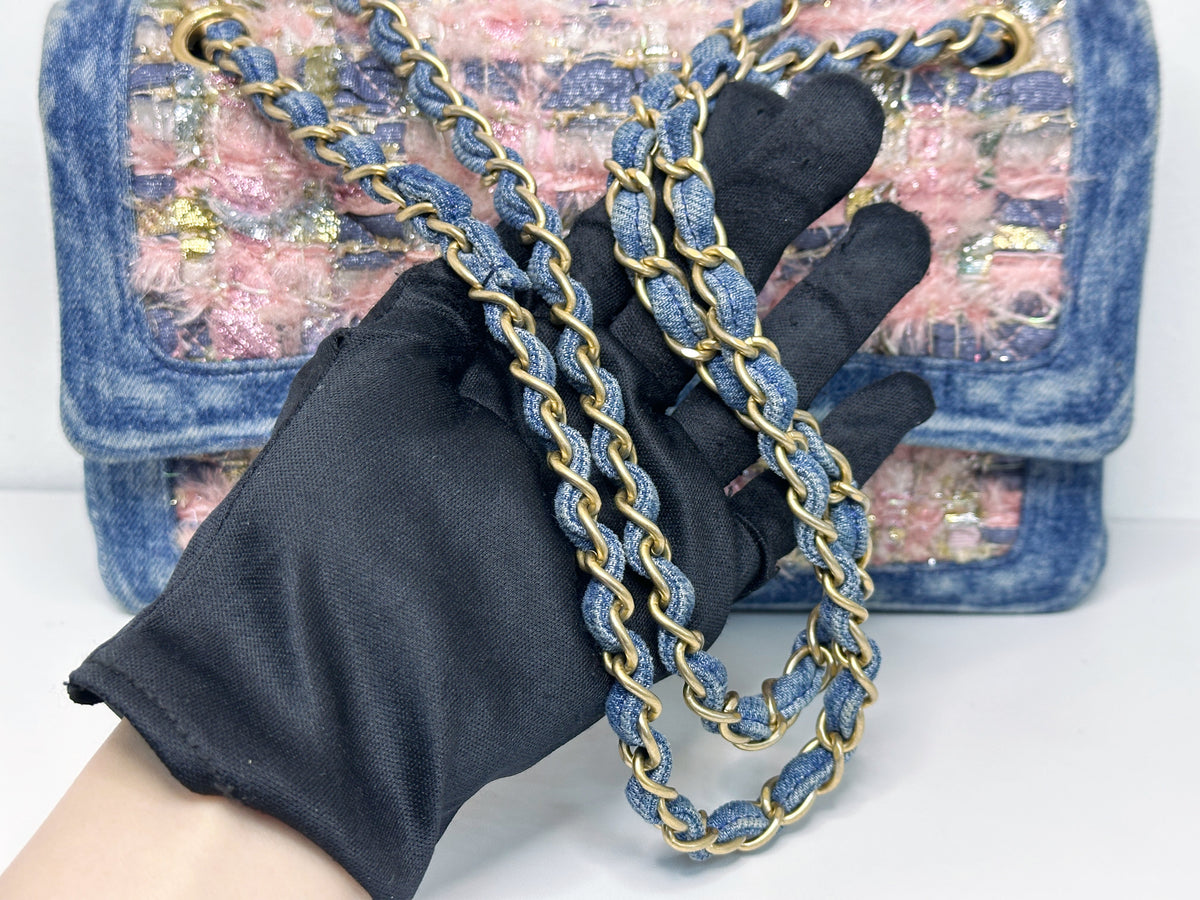 Chanel Pink, Silver, and Gold Tweed and Denim Medium Classic Double Flap Gold Hardware, 2016