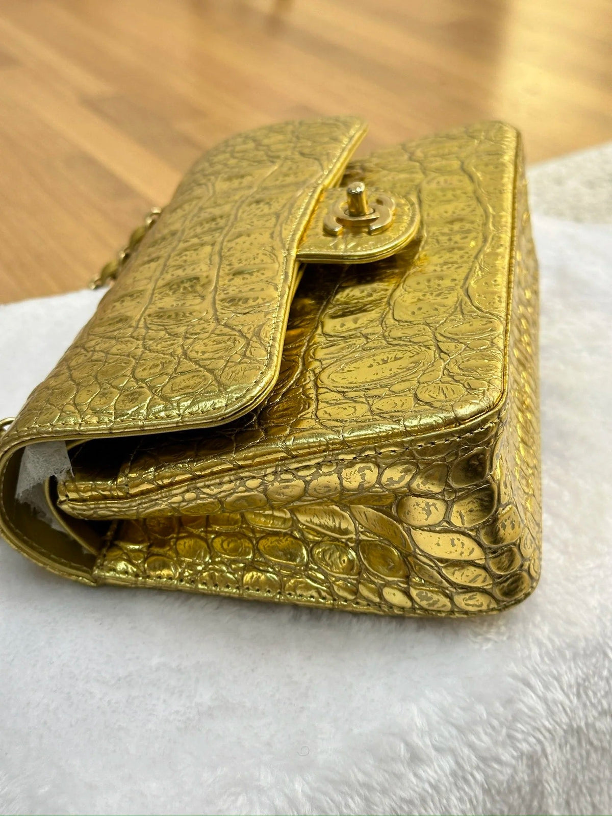 Chanel Medium  Calfskin Crocodile Embossed  Gold Metallic Flap Bag