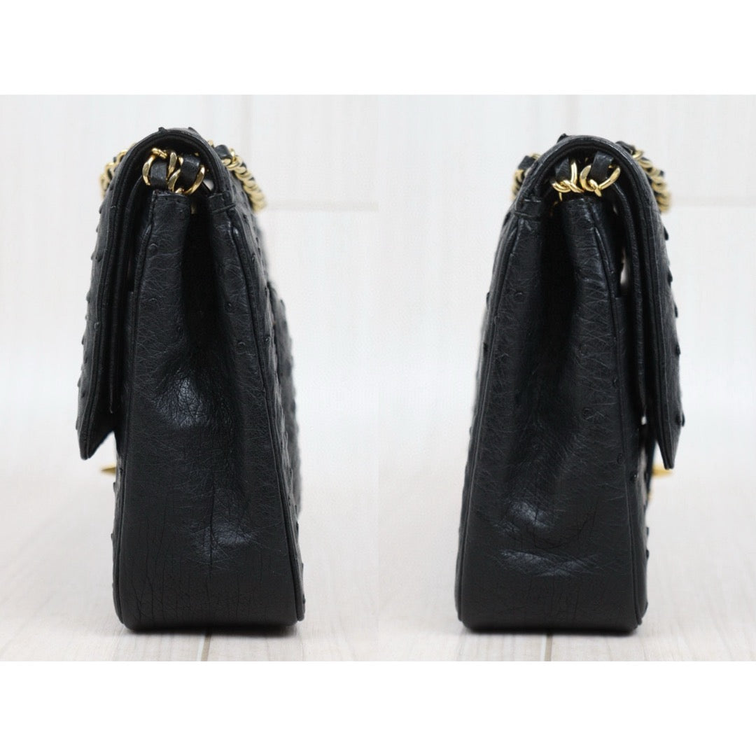 Good ( Rank AB)｜ CHANEL Ostrich Skin Double Flap 25 Chain Shoulder Bag Black Made In 1986 - 1988 Year｜25030704