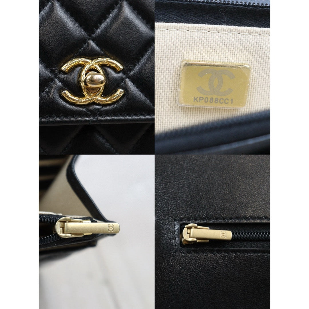 Good ( Rank AB)｜ CHANEL Matelasse Lamb Skin Chain Wallet Black Gold Hardware IC Chips Model ｜P25031402