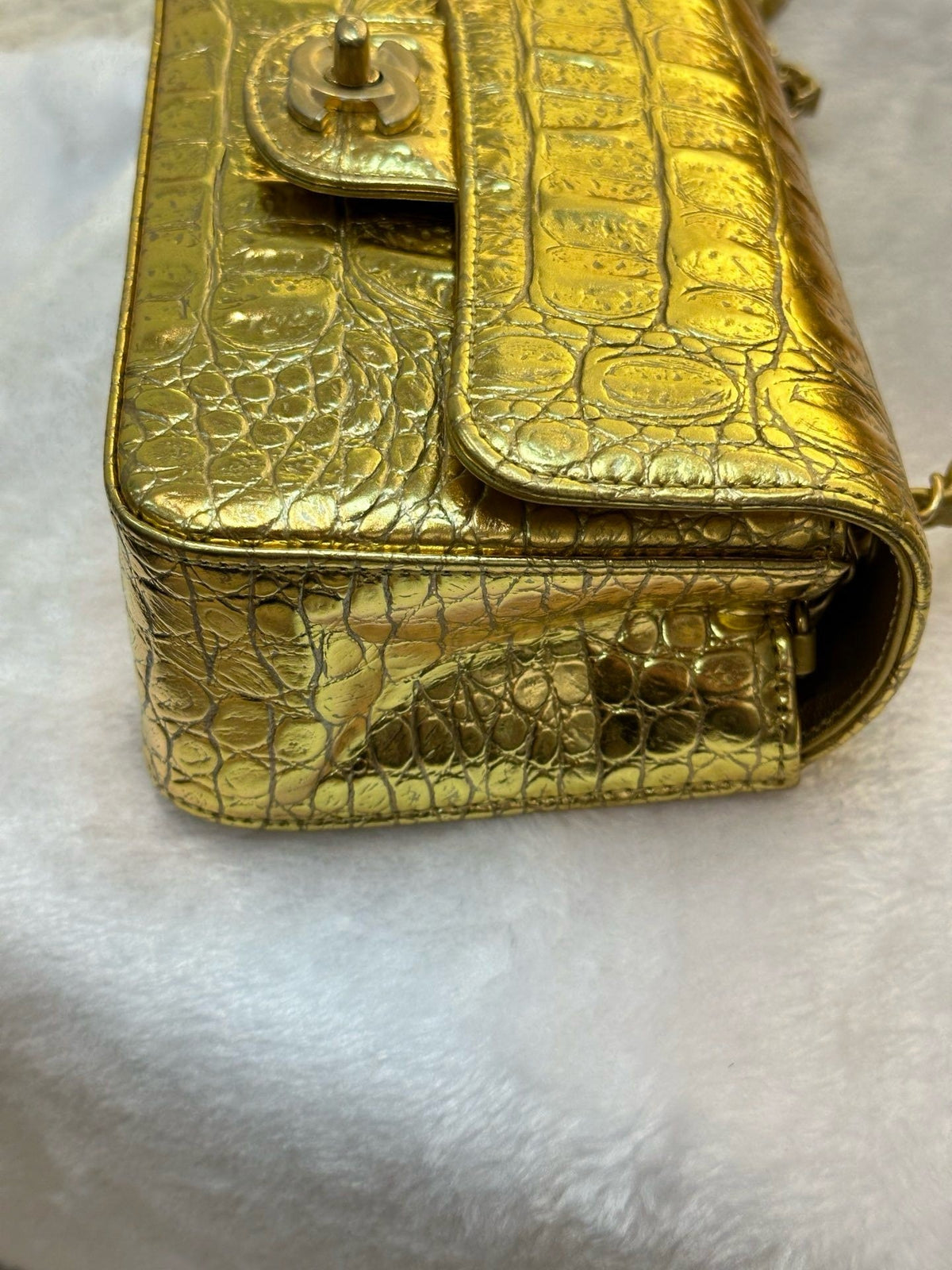 Chanel Mini Calfskin Crocodile Embossed Rectangular Gold Metallic Flap Bag