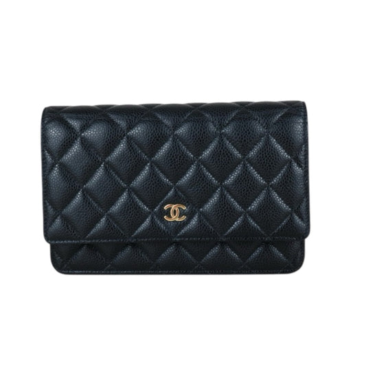 Very Good ( Rank A)｜ CHANEL Matelasse Caviar Skin Chain Wallet Black Gold Hardware Made in 2018-2019 Year ｜S25021804