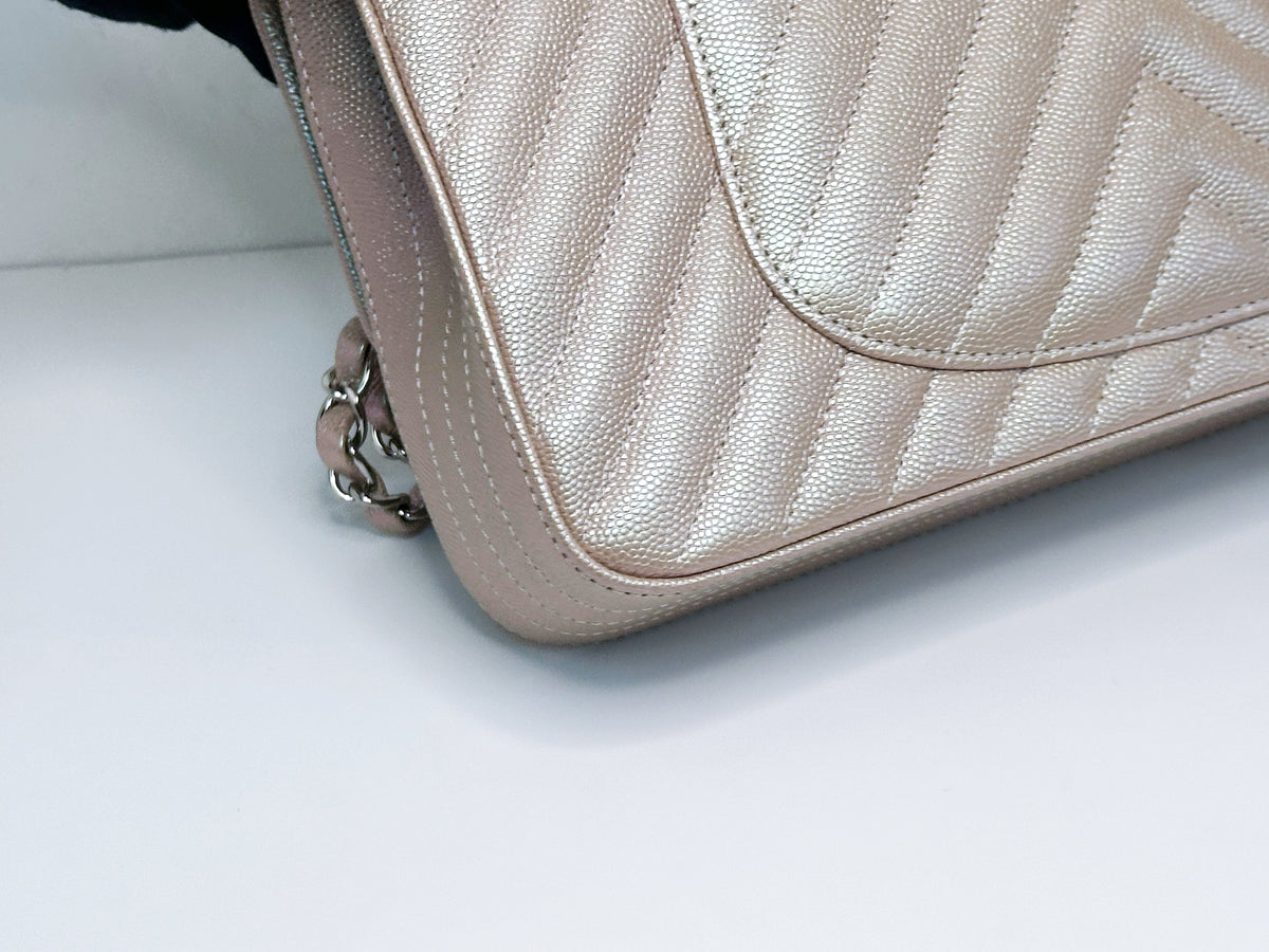 Chanel Medium Classic Chevron Caviar Double Flap Rose Gold SHW 24769 holo card