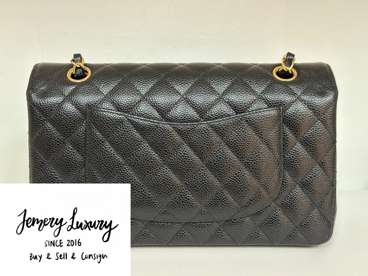 Chanel Medium Size Classic Quilted Caviar Double Flap Bag Black 3022 holo card