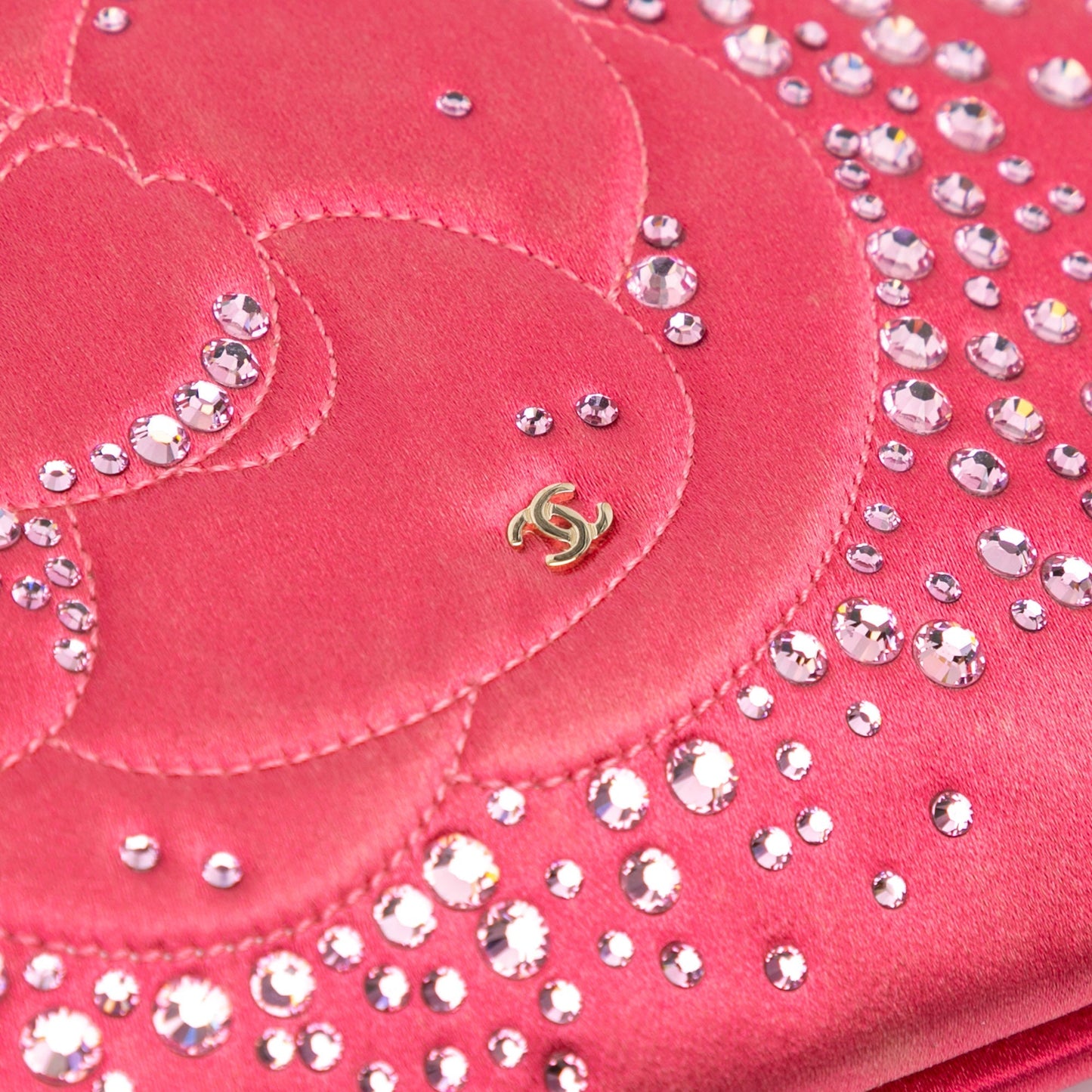 Pink Chanel Satin Diamante Camellia Clutch with Chain Shoulder Bag