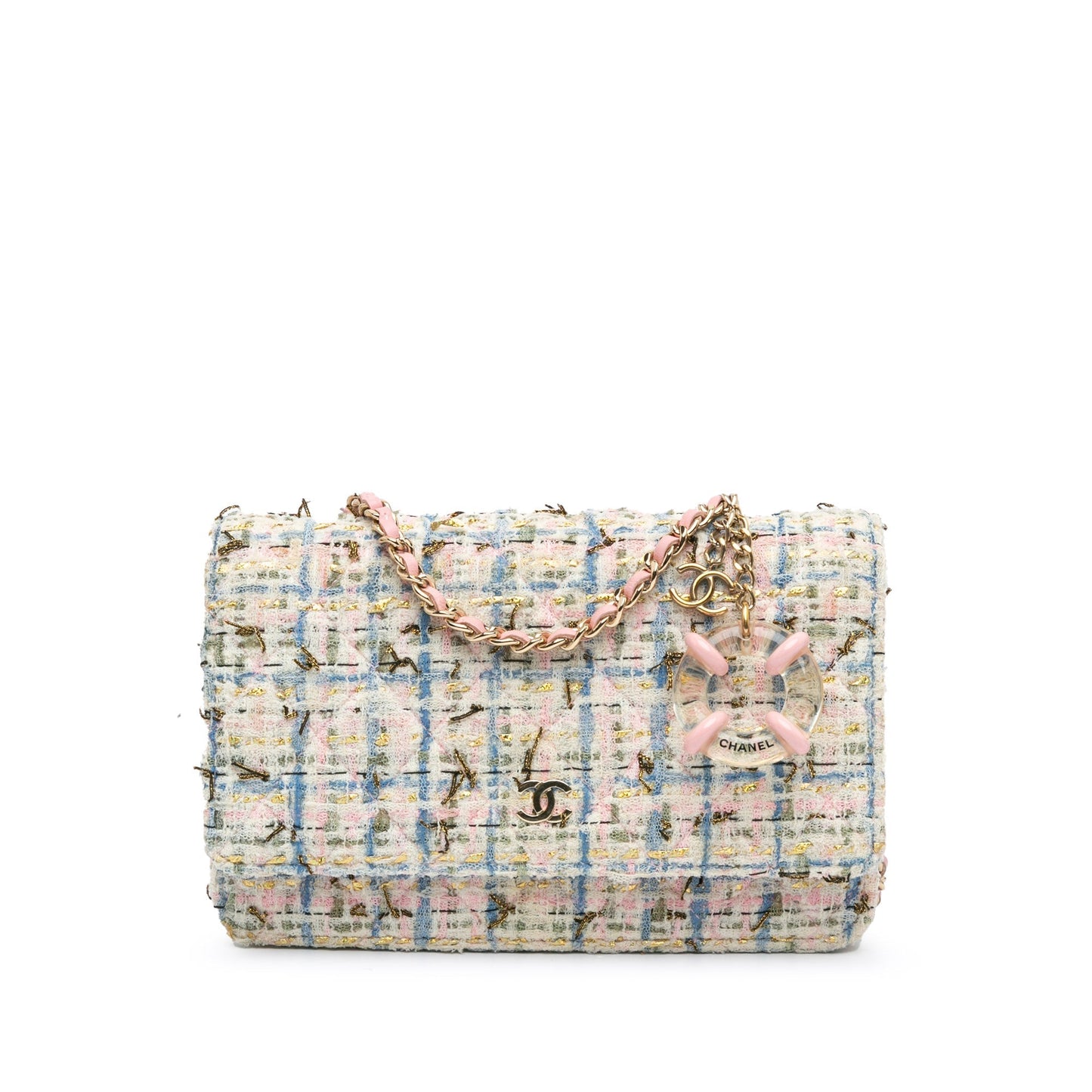 Multicolor Chanel Quilted Boucle Tweed Charm Wallet On Chain Crossbody Bag