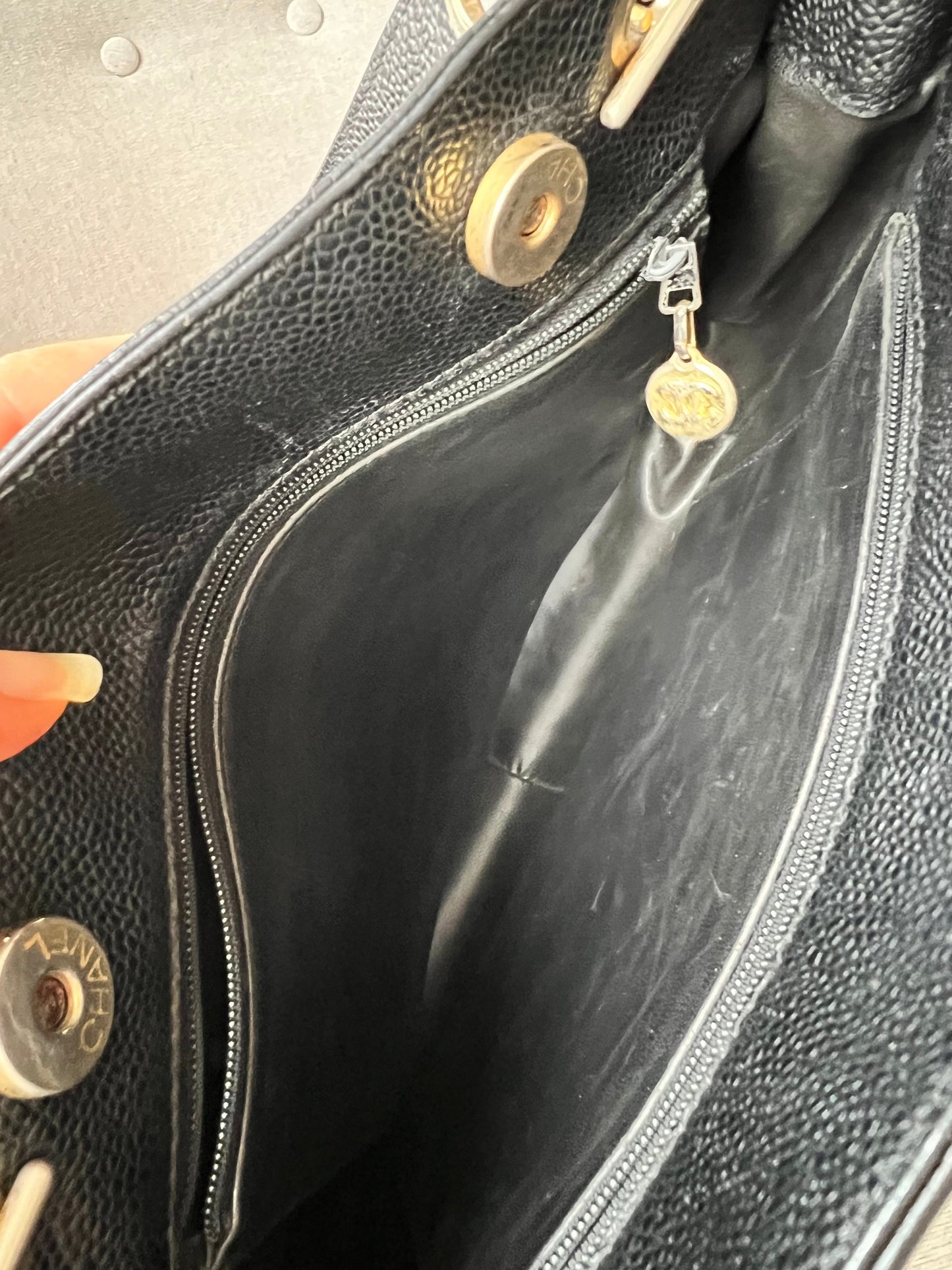 Chanel Vintage Black Caviar Chain Tote with 24k Gold Hardware