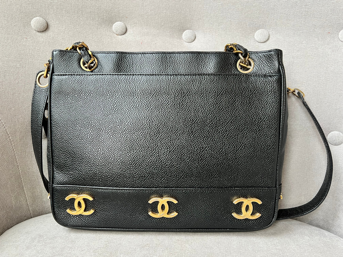Chanel Vintage Black Caviar Chain Tote with 24k Gold Hardware