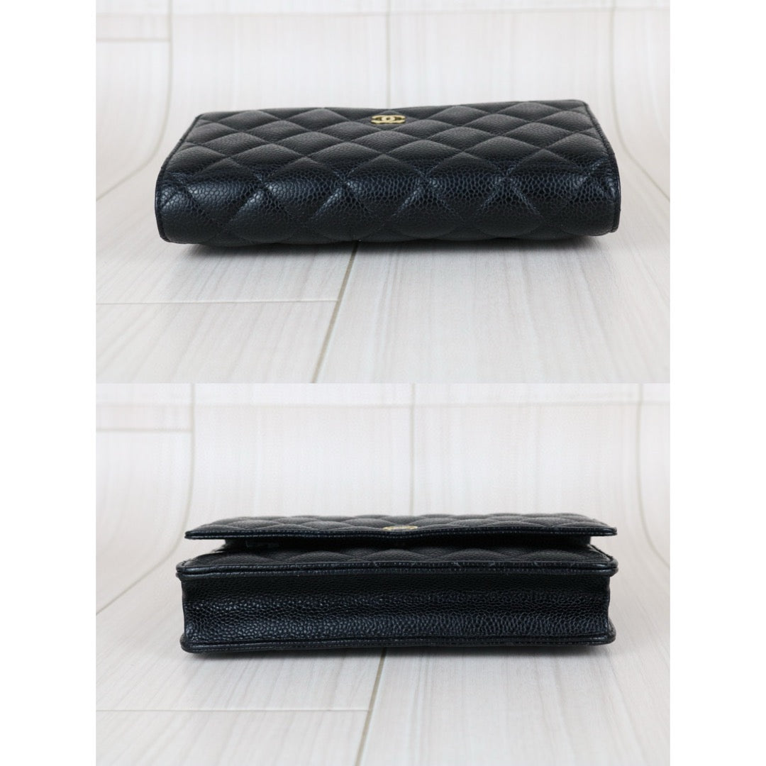 Very Good ( Rank A)｜ CHANEL Matelasse Caviar Skin Chain Wallet Black Gold Hardware Made in 2018-2019 Year ｜S25021804