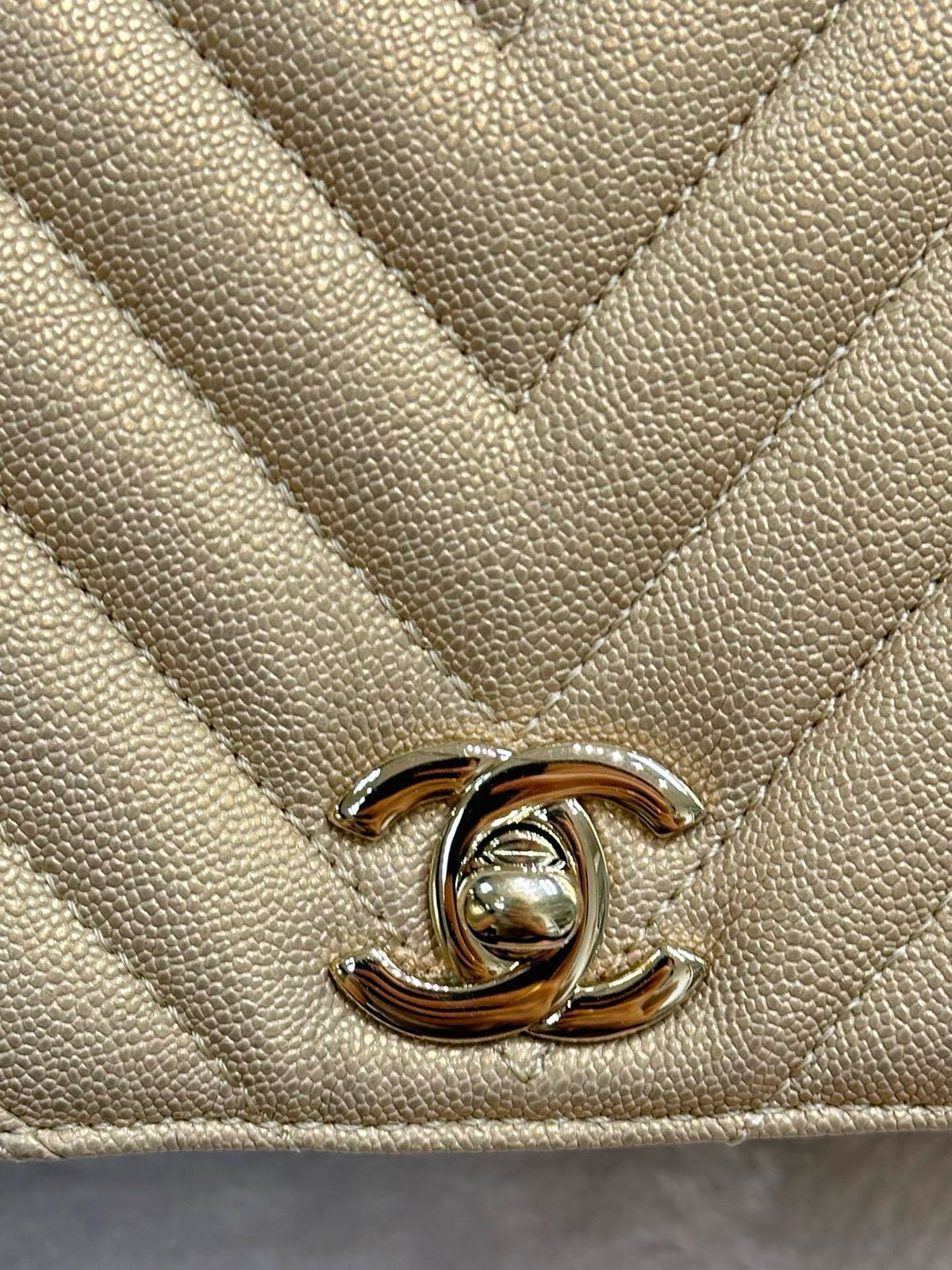 Chanel Mini Statement Metallic Caviar Chevron Quilted Flap Beige LGHW