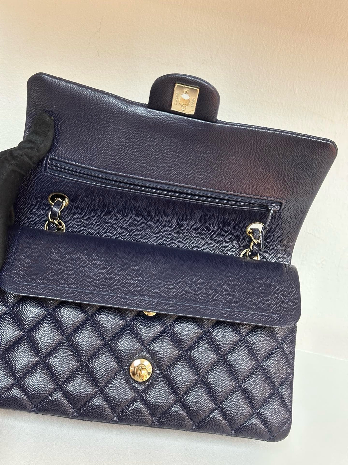 Chanel Medium Classic Caviar Double Flap Navy Blue Bag LSHW  2021year Microchip
