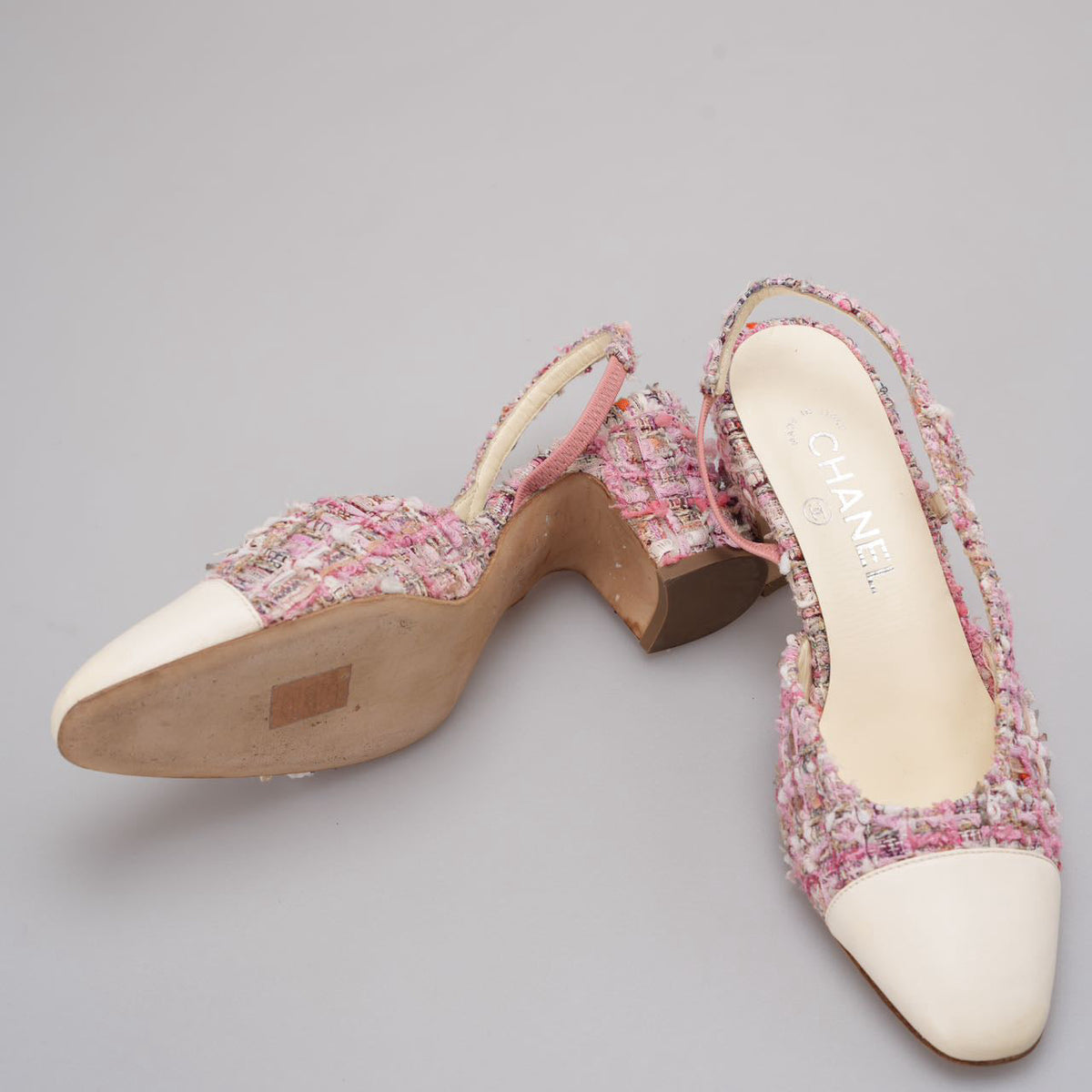 Chanel Pink and White Tweed Slingback Sandals 37.5