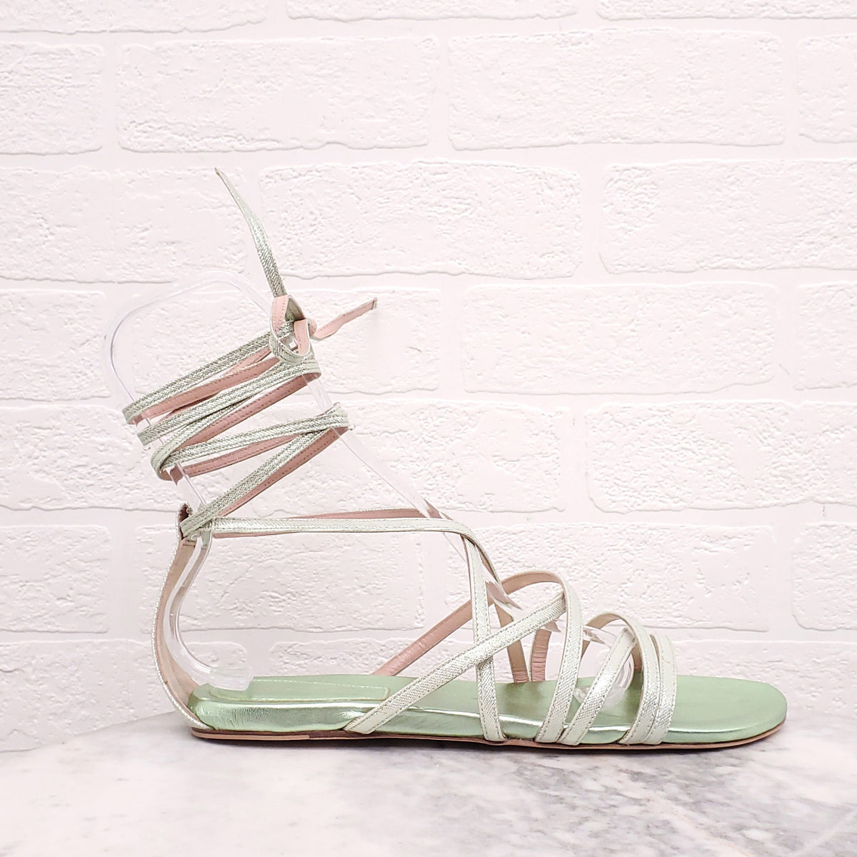 ALBERTA FERRETTI METALLIC GREEN STRAPPY SANDALS - SIZE 41
