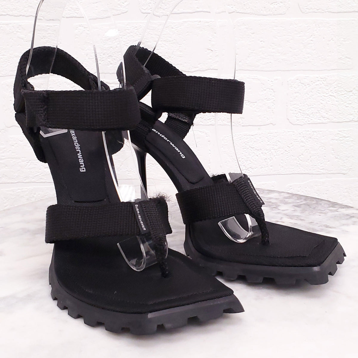 ALEXANDER WANG BLACK 'JULIE SPORT THONG' NYLON LOGO HEELS - SIZE 38