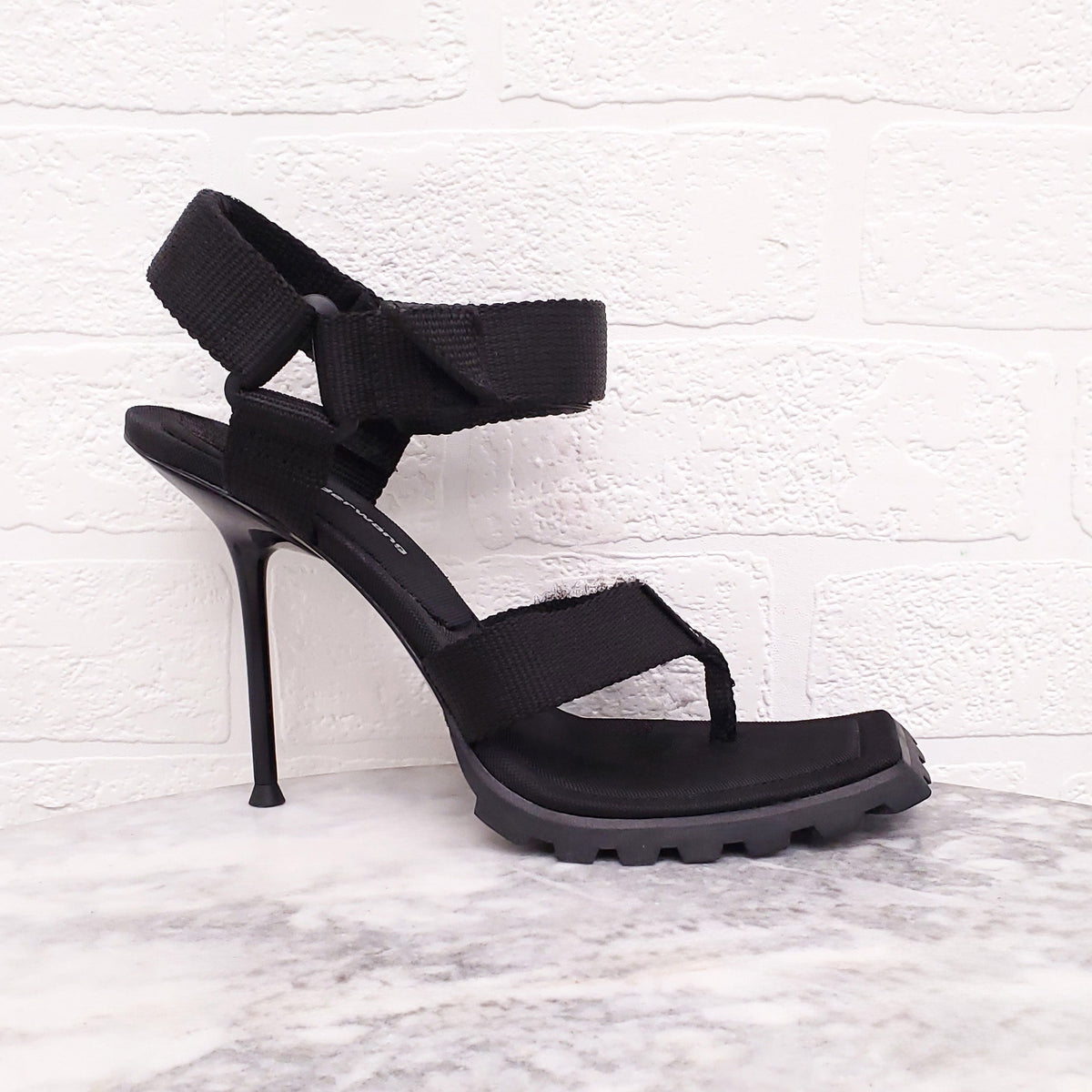 ALEXANDER WANG BLACK 'JULIE SPORT THONG' NYLON LOGO HEELS - SIZE 38