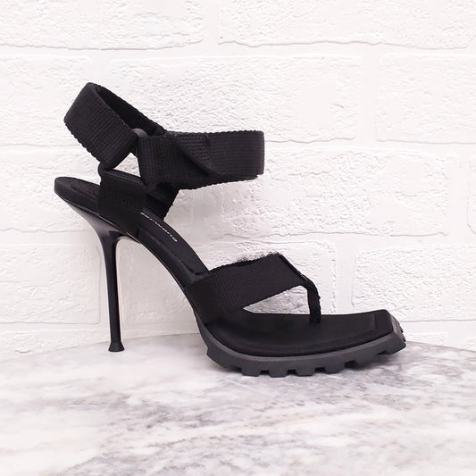 ALEXANDER WANG BLACK 'JULIE SPORT THONG' NYLON LOGO HEELS - SIZE 38