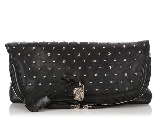 Alexander McQueen Black Calfskin Studded Padlock Skull Clutch