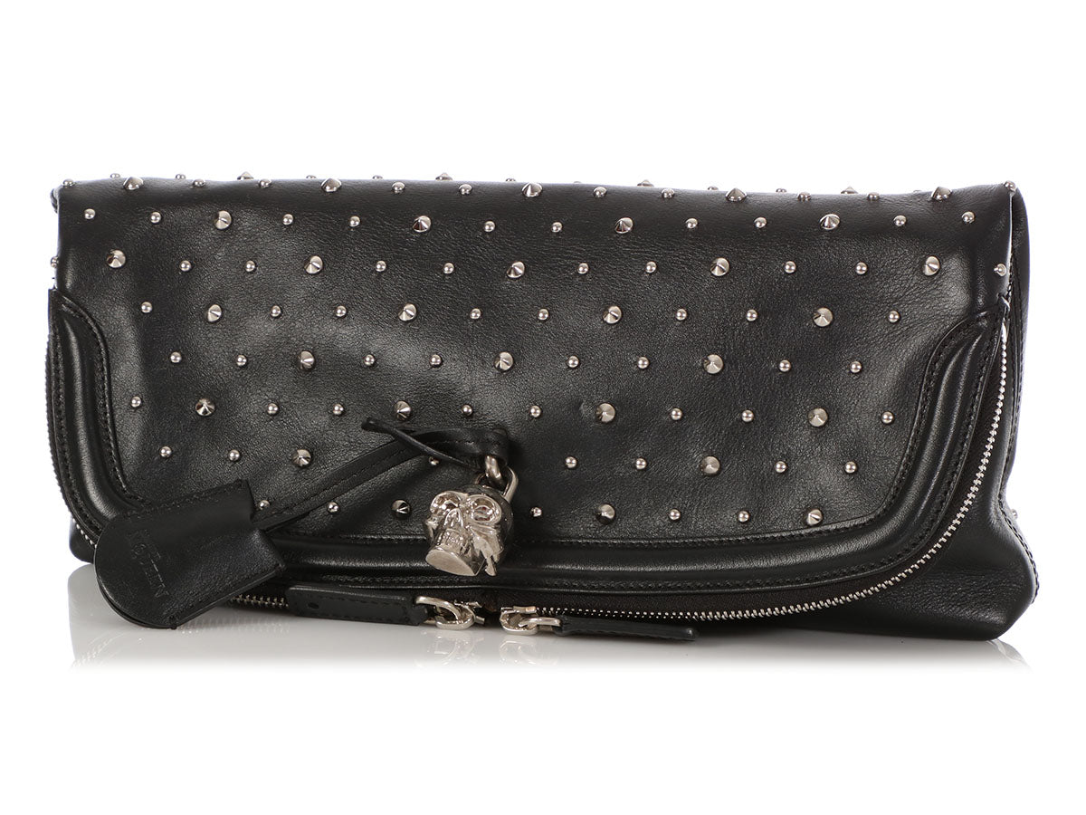 Alexander McQueen Black Calfskin Studded Padlock Skull Clutch