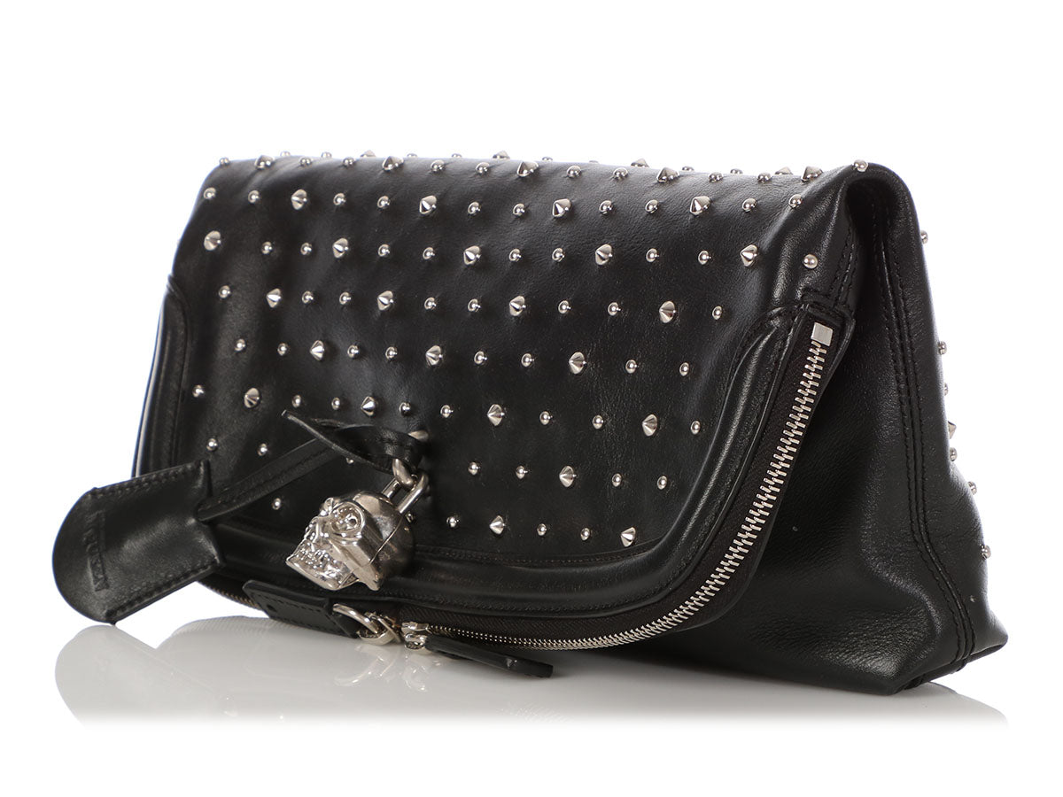 Alexander McQueen Black Calfskin Studded Padlock Skull Clutch