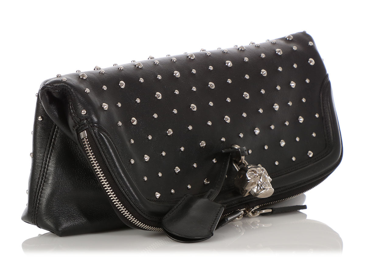 Alexander McQueen Black Calfskin Studded Padlock Skull Clutch