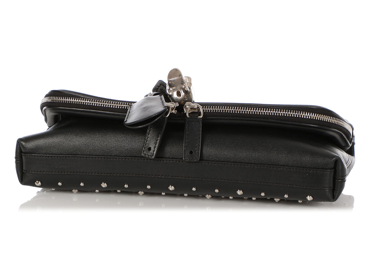 Alexander McQueen Black Calfskin Studded Padlock Skull Clutch